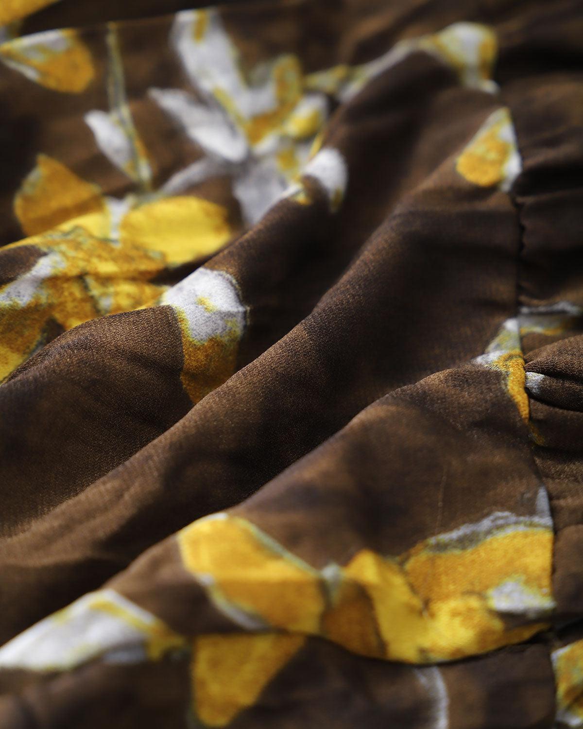 Yellow Floral Elastic Waist Midi Skirt Product Image