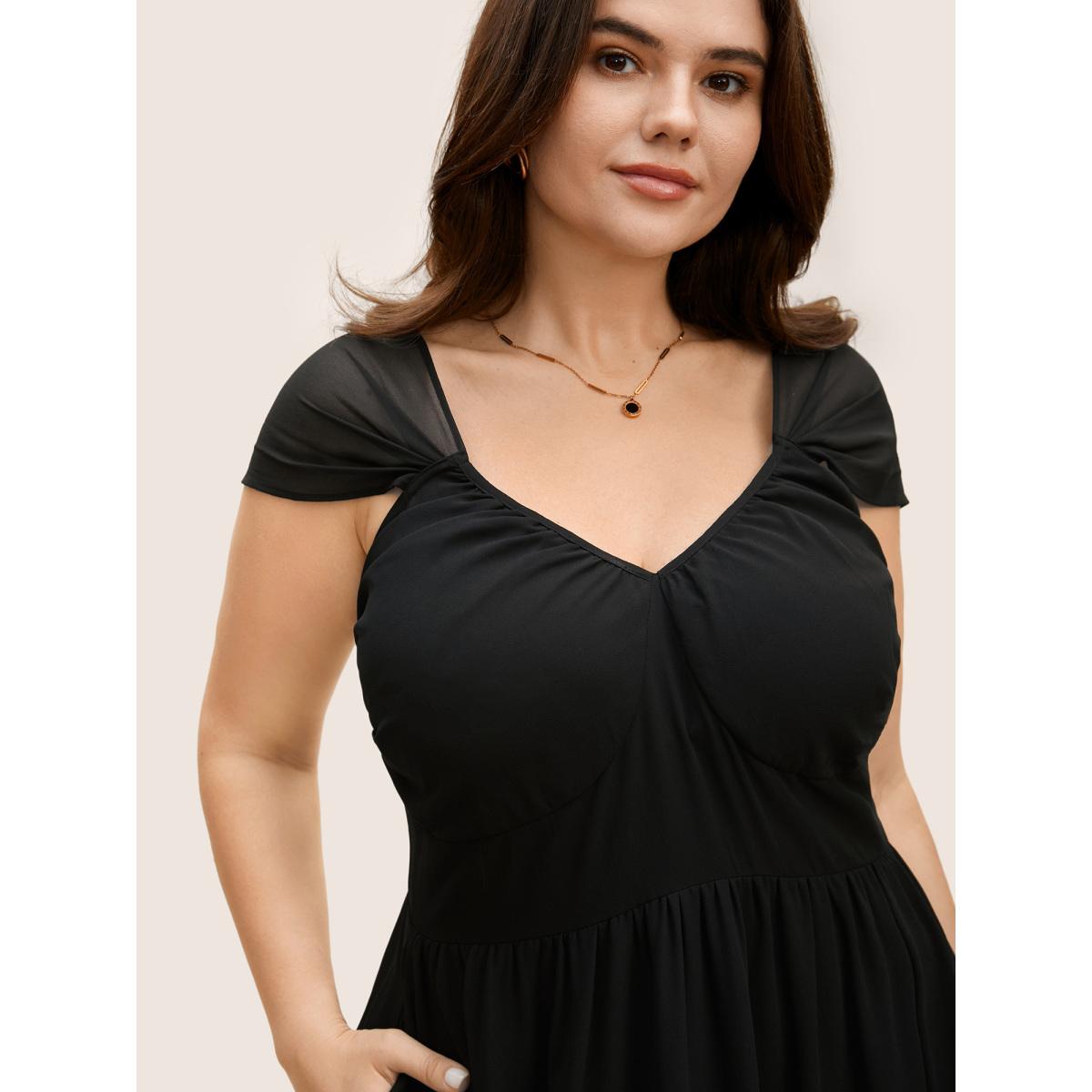 Plus Size Heart Neckline Mesh Cap Sleeve Gathered Dress Black Women Elegant Gathered Heart neckline Cap Sleeve Curvy BloomChic 10/M Product Image