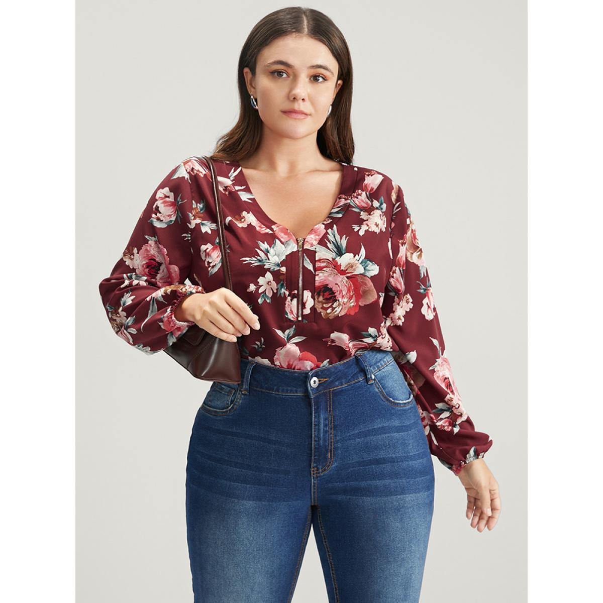 Plus Size Burgundy Floral Lantern Sleeve Zipper V Neck Blouse Women Elegant Long Sleeve V-neck Dailywear Blouses BloomChic 18-20/2X Product Image