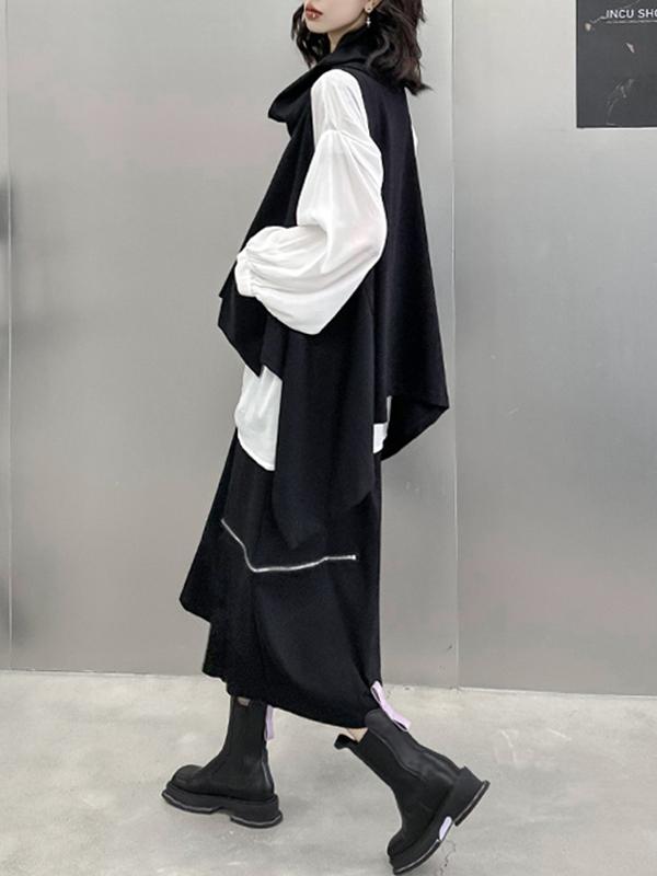 High-Low Irregular Clipping Hooded Solid Color Heaps Collar Vest Top Product Image