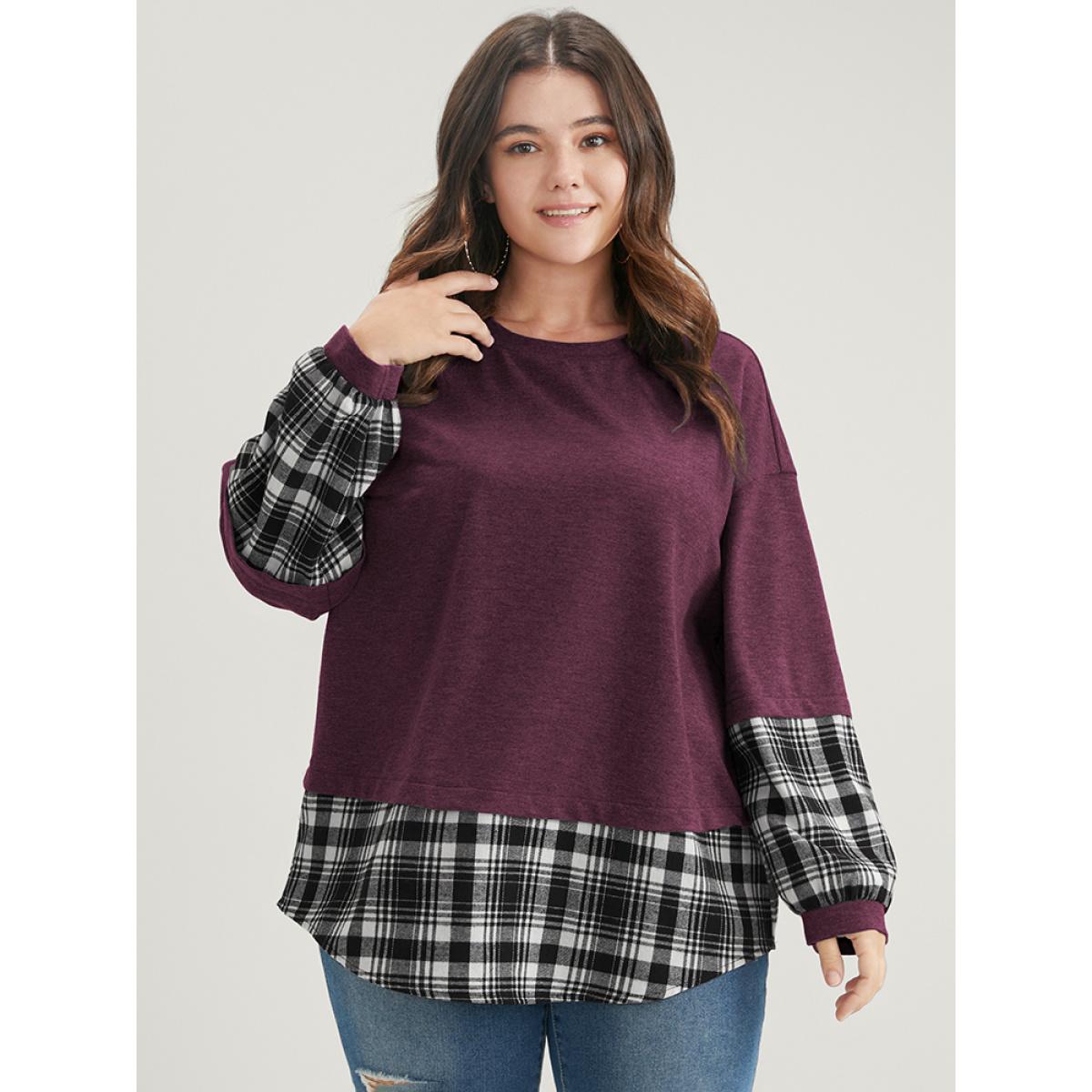 Plus Size Plaid Patchwork Round Neck Arc Hem Sweatshirt Women Burgundy Casual Contrast Round Neck Dailywear Sweatshirts BloomChic 10/M Product Image
