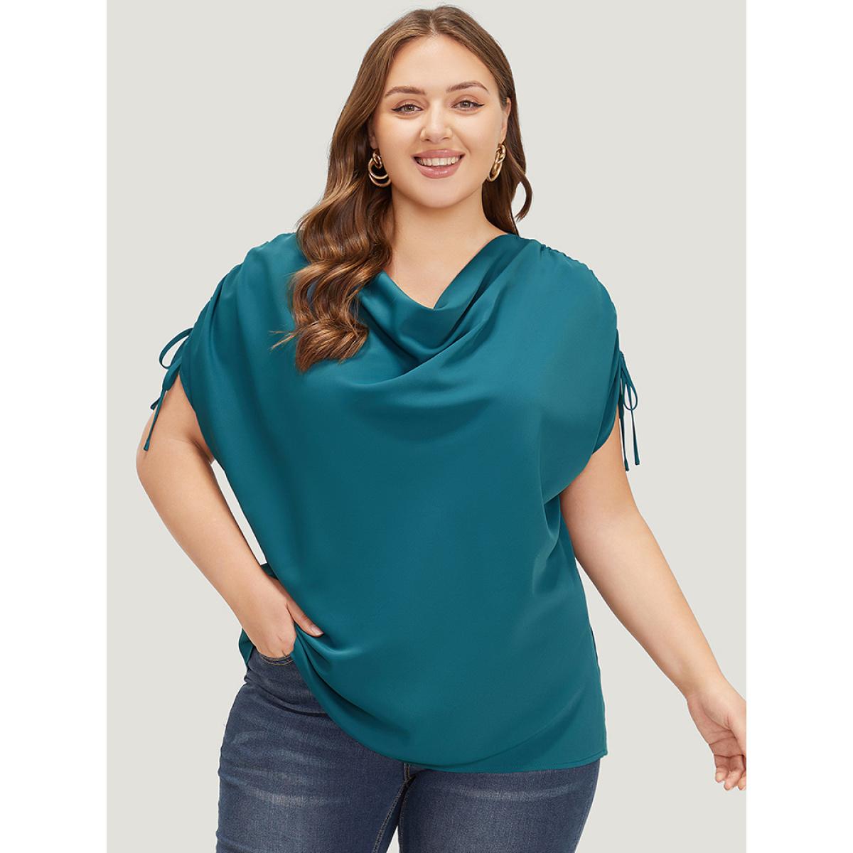 Plus Size Aegean Solid Cowl Neck Drawstring Sleeve Blouse Women Office Short sleeve Cowl Neck Work Blouses BloomChic 26/4X Product Image