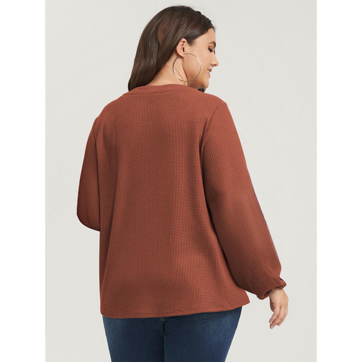 Plus Size Solid Lantern Sleeve Button V Neck Waffle Knit Long Tee Chocolate Women Casual Button Plain V-neck Dailywear T-shirts BloomChic 30/6X Product Image