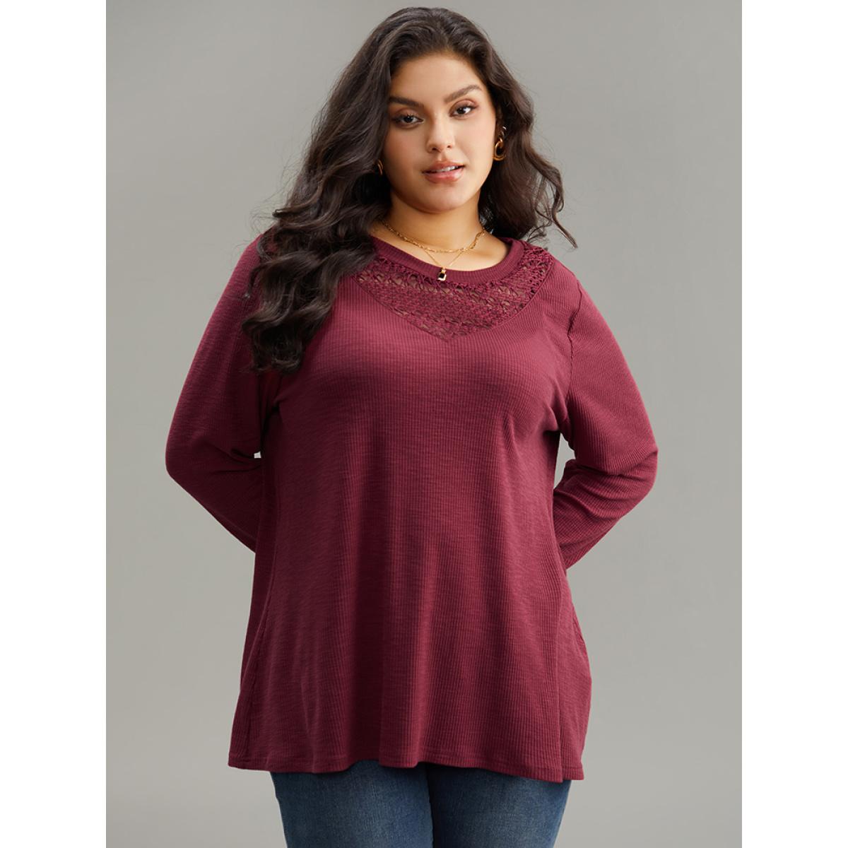 Plus Size Solid Lace Insert Crew Neck Cut Out T-shirt Burgundy Women Elegant Patchwork Plain Round Neck Dailywear T-shirts BloomChic 28/5X Product Image