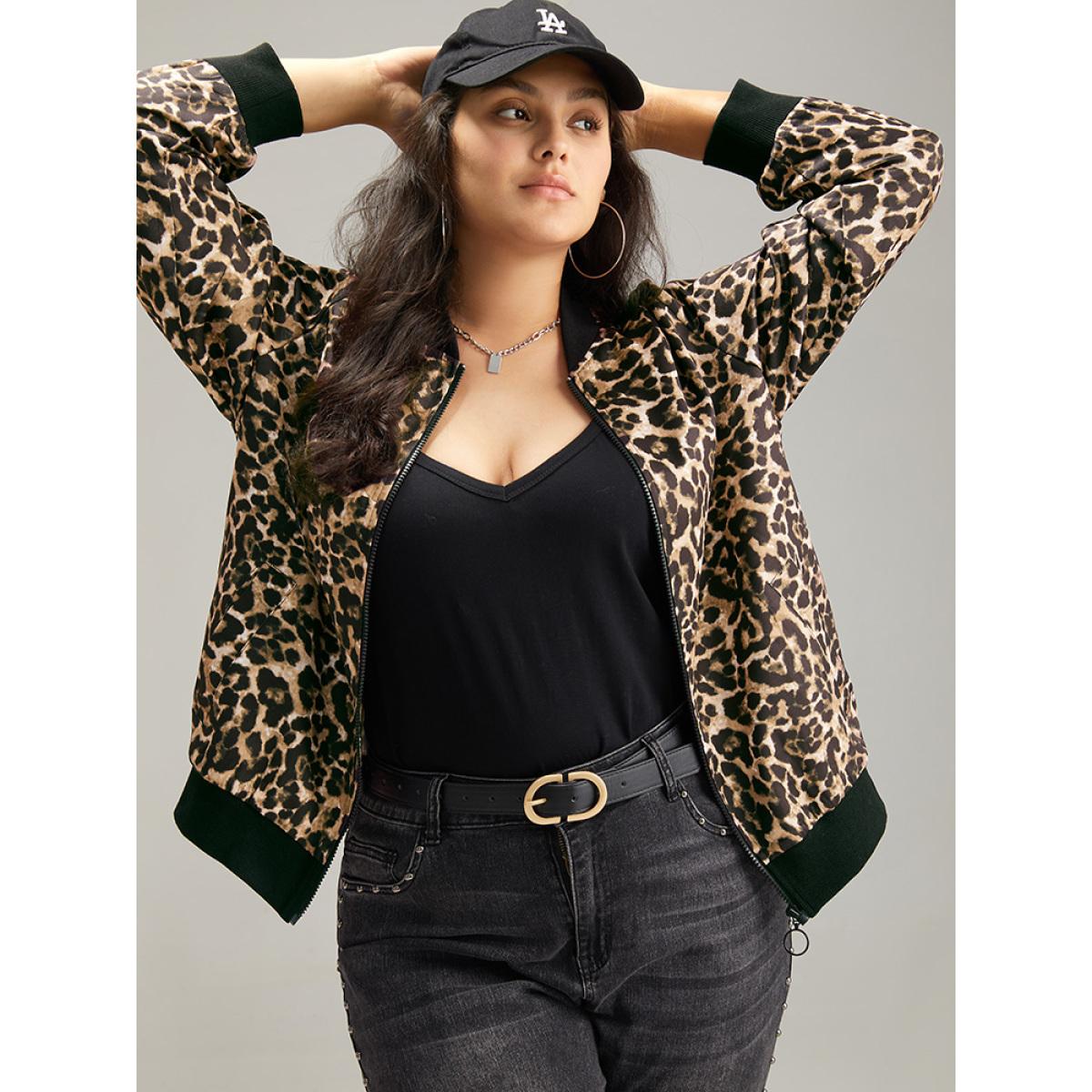 Plus Size Leopard Patchwork Zipper Pocket Jacket Women Leopard Elastic cuffs Pocket Dailywear Jackets BloomChic 12/L Product Image