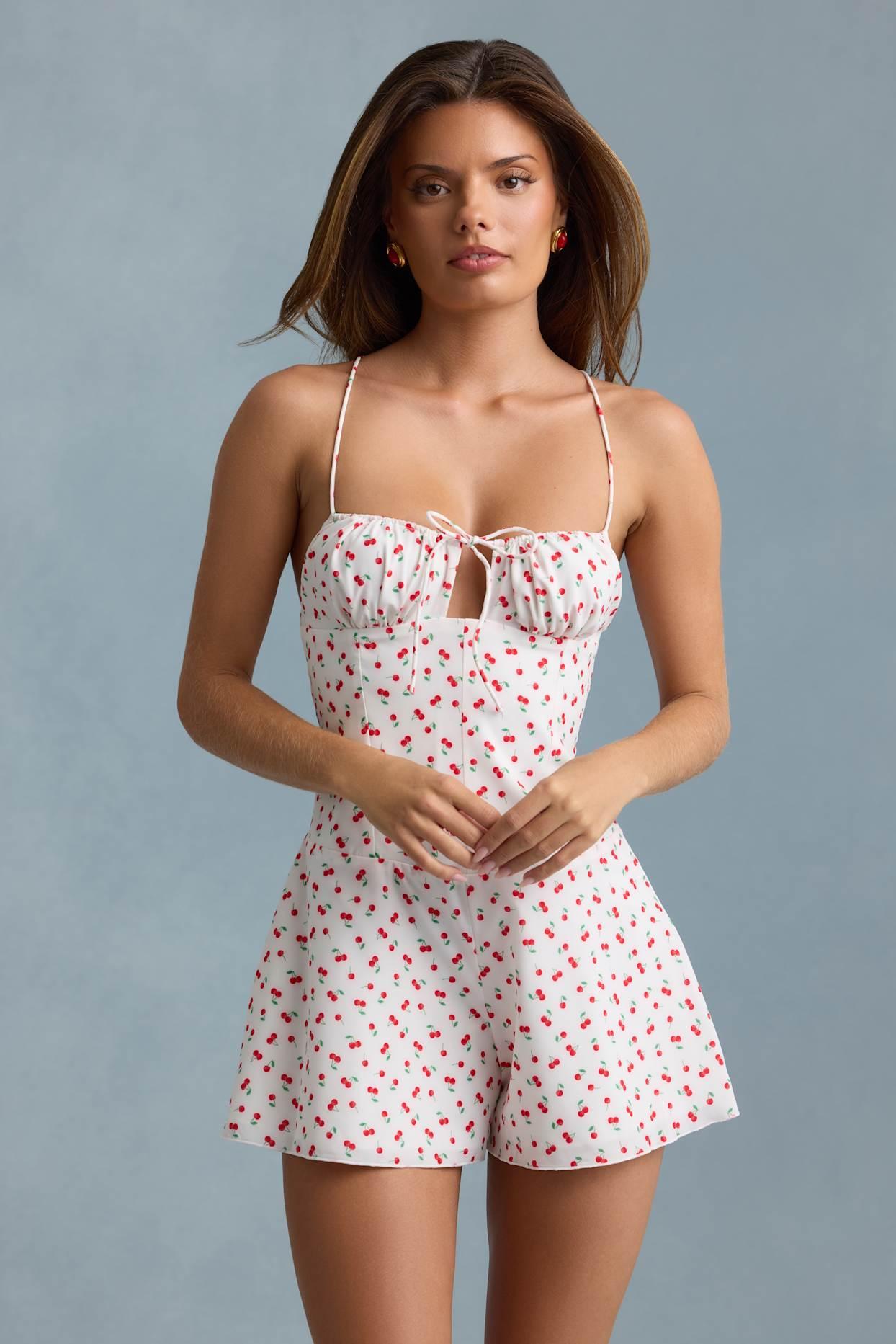 Ruched Backless Playsuit in Cherry Print Product Image