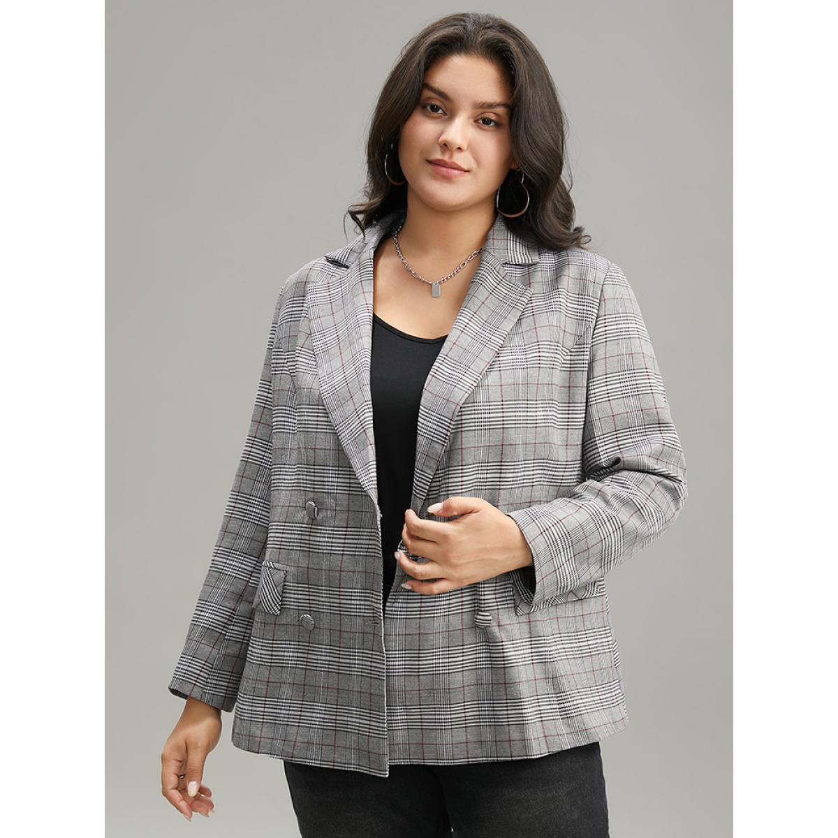 Plus Size Plaid Lapel Collar Pocket Button Up Blazer Gray Women Dailywear Plaid Button Sleeve Long Sleeve Lapel Collar 22-24/3X Pocket Casual Blazers BloomChic Product Image