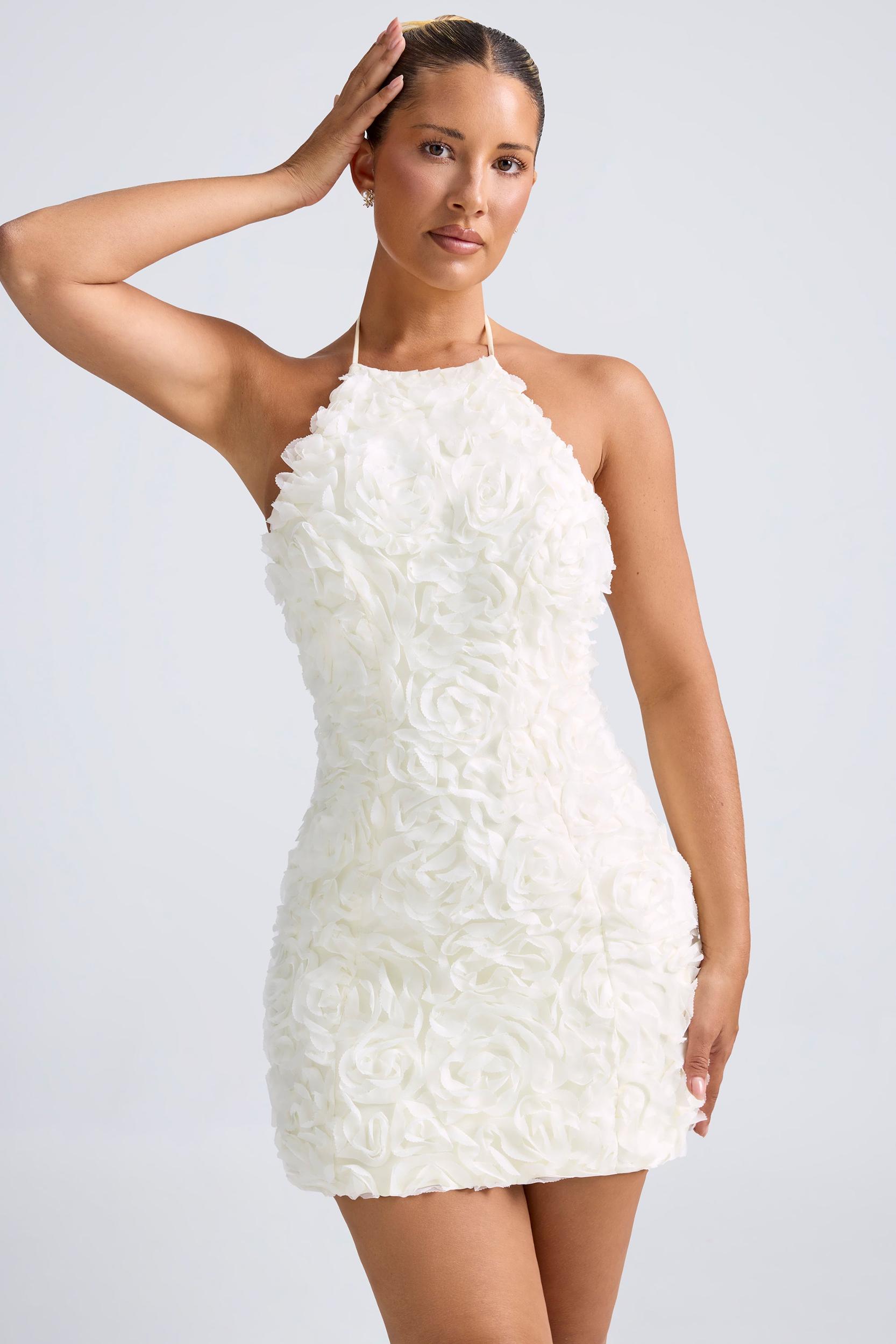 Floral-Appliqué Halterneck A-Line Mini Dress in White Product Image