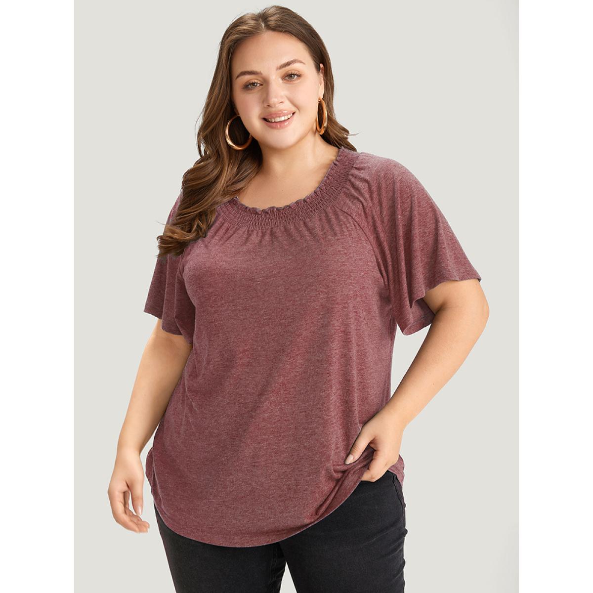 Plus Size Plain Shirred Crew Neck Flutter Sleeve T-shirt Russet Women Elegant Gathered Plain Round Neck Dailywear T-shirts BloomChic 28/5X Product Image