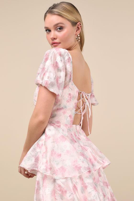Serah Blush Floral Organza Tiered Midi Dress Product Image