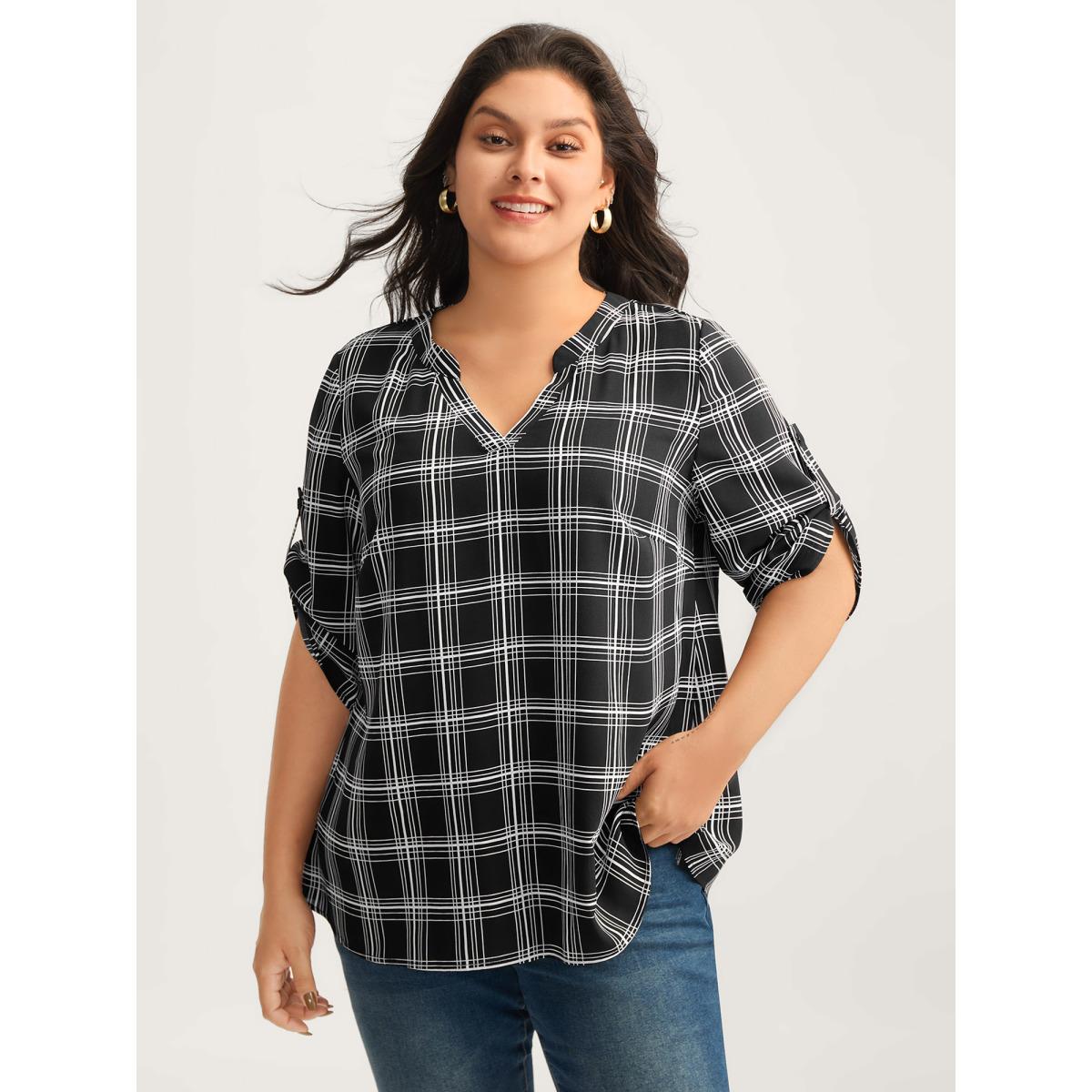 Plus Size Black Plaid Print Tab Sleeve Notched Blouse Women Elbow-length sleeve Flat collar with V-notch Work Blouses BloomChic 26/4X Product Image
