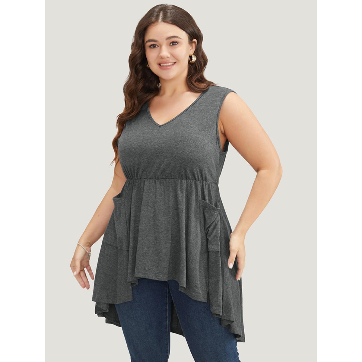 Plus Size Plain Ruffle Pocket High Low Hem Tank Top Women DarkGray Elegant Ruffles V-neck Dailywear Tank Tops Camis BloomChic 10/M Product Image