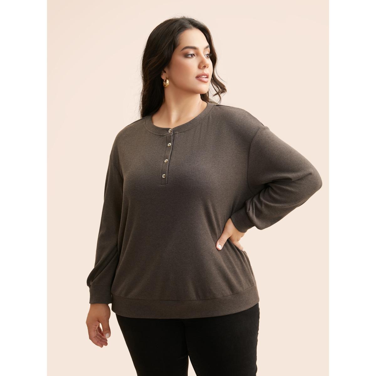 Plus Size Airy Cozy Drop Shoulder T-shirt DarkBrown Women Casual Texture Round Neck Everyday T-shirts BloomChic 28/5X Product Image