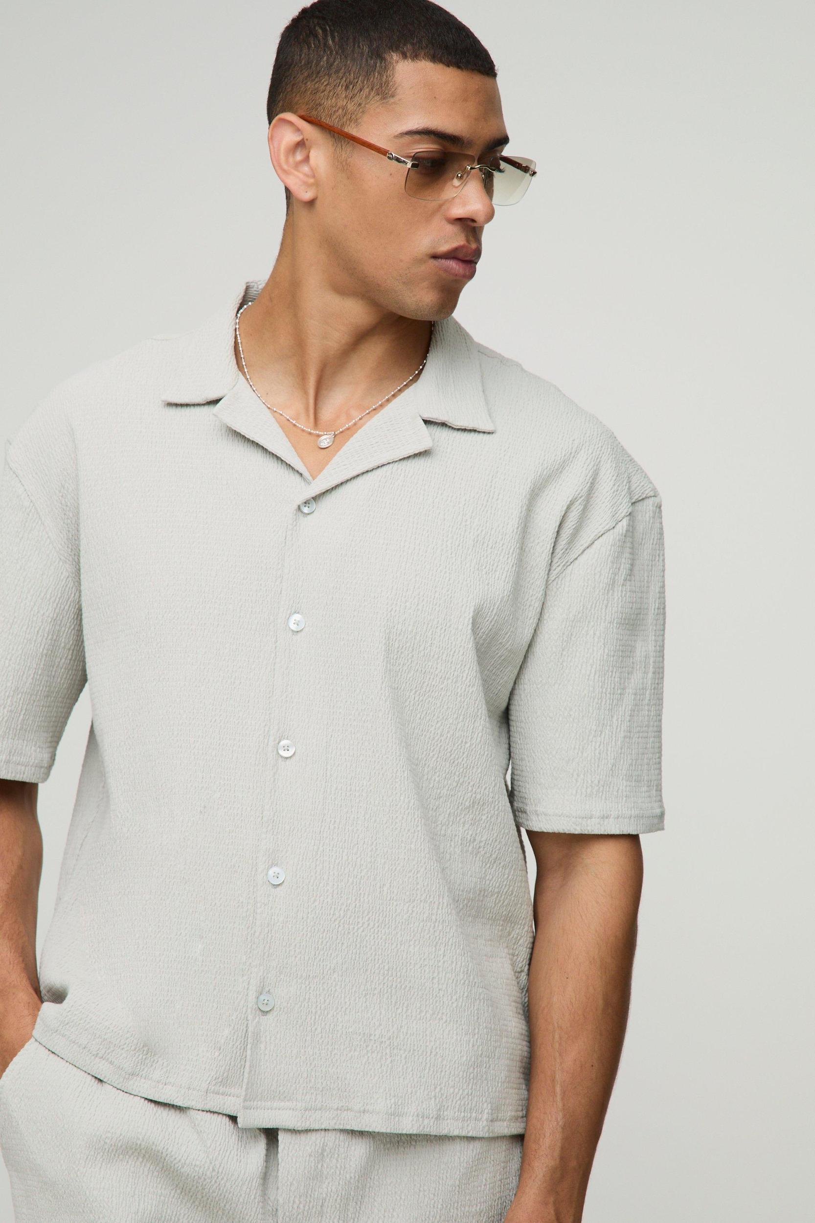 Oversized Boxy Seersucker Crinkle Shirt & Short Set | boohooMAN USA Product Image