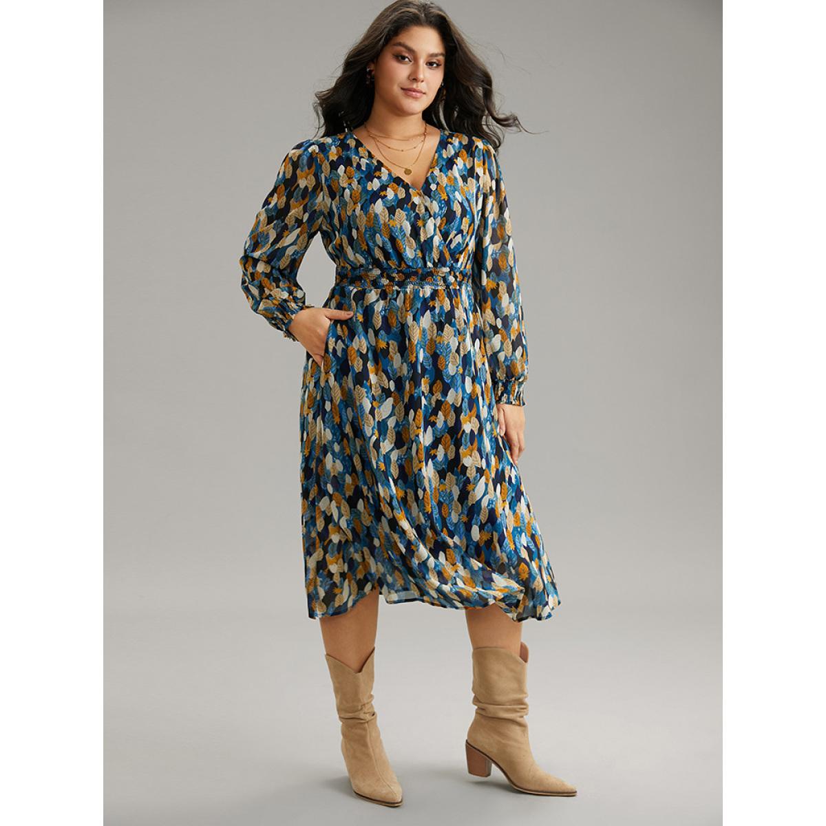 Plus Size Overlap Collar Feather Shirred Pocket Dress DarkBlue Women Elegant Wrap Overlap Collar Long Sleeve Curvy Midi Dress BloomChic 12/L Product Image