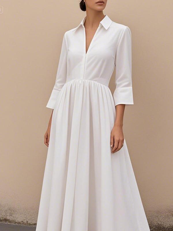 A-Line High Waisted Pleated Solid Color V-Neck Maxi Dresses Product Image