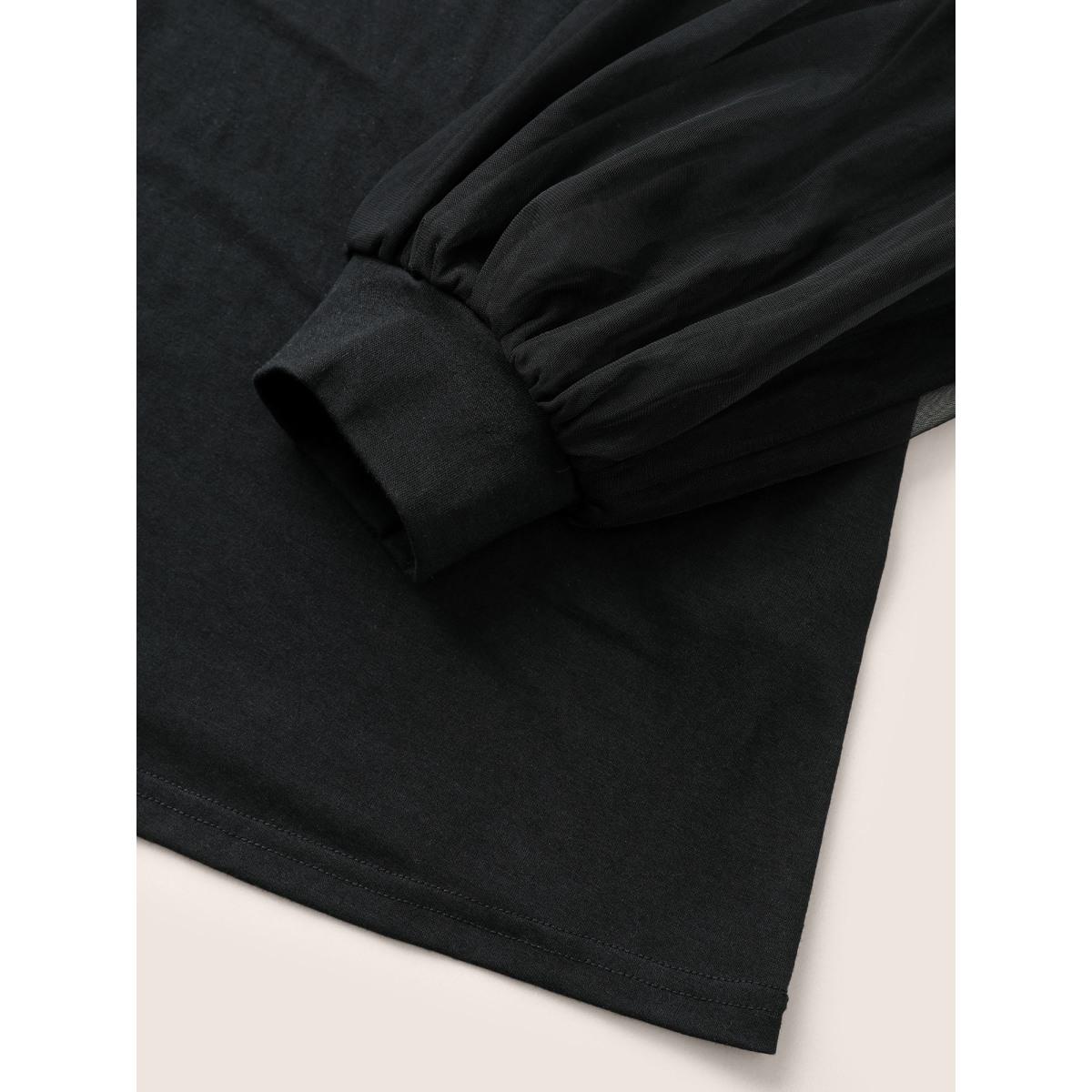 Plus Size Plain Tiered Mesh Patchwork T-shirt Black Women Elegant Non Plain V-neck Everyday T-shirts BloomChic 12/L Product Image