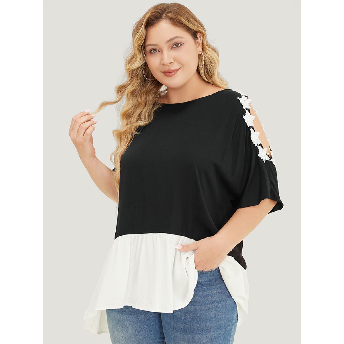 Plus Size Black Floral Appliques Patchwork Asymmetrical Hem Cold Shoulder Blouse Women Elegant Short sleeve Cold Shoulder Dailywear Blouses BloomChic 10/M Product Image