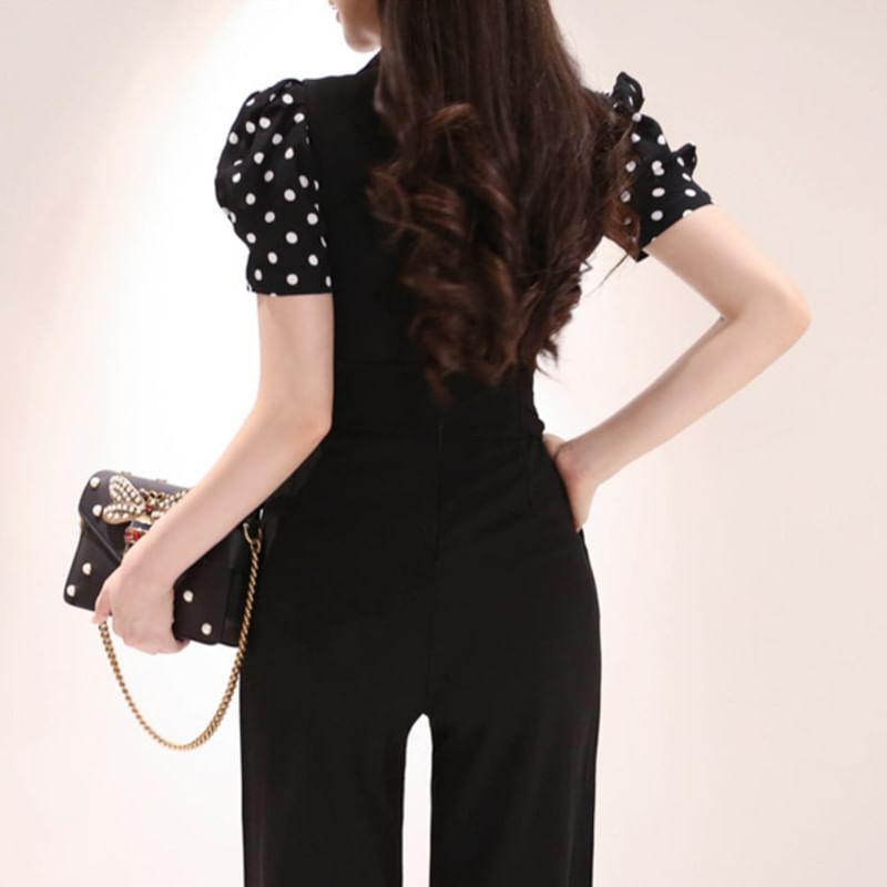 Set: Short-Sleeve Collared Dotted Button Up Blouse + V-Neck Plain Straight Leg Jumpsuit Product Image