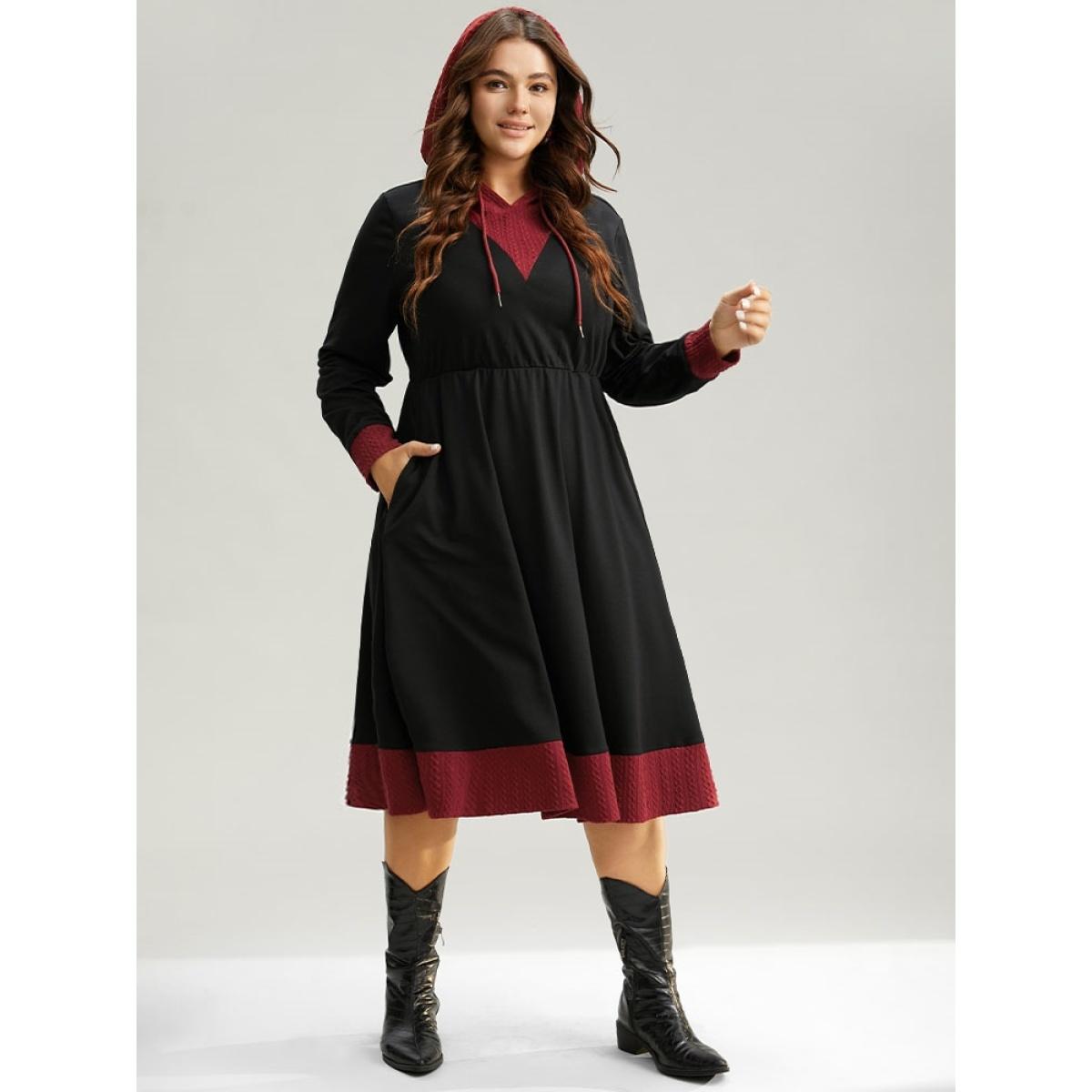 Plus Size Christmas Textured Contrast Hooded Drawstring Dress Black Women Casual Gathered Hooded Long Sleeve Curvy Midi Dress BloomChic 22-24/3X Product Image