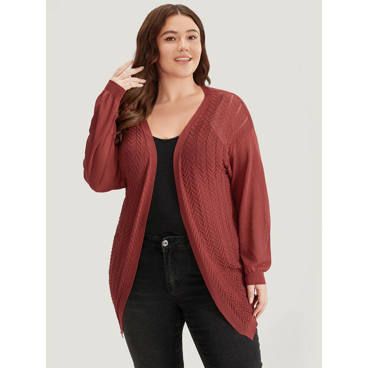 Plus Size Geometric Plisse Patchwork Loose Open Front Cardigan Russet Women Casual Loose Long Sleeve Everyday Cardigans BloomChic 30/6X Product Image