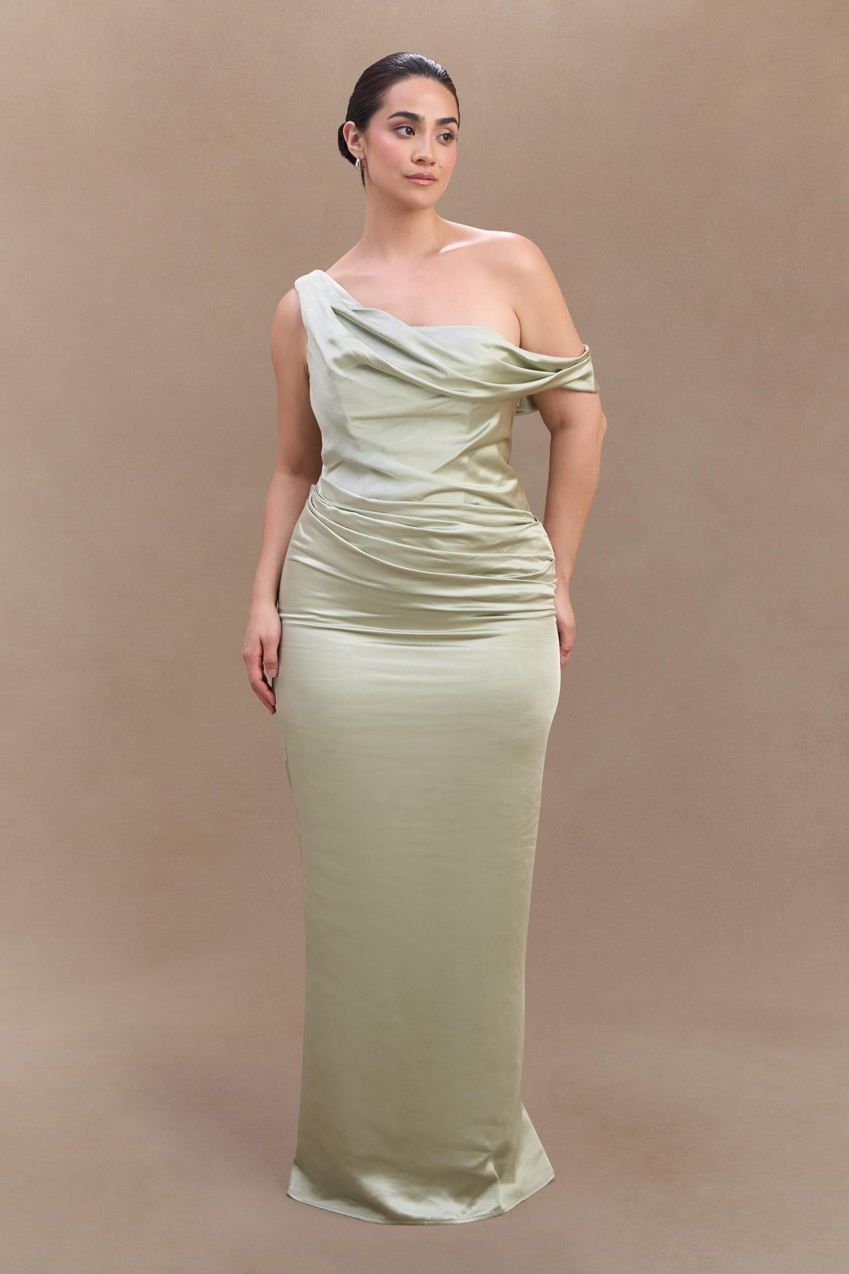 Dalia Off Shoulder Satin Maxi Dress - Sage Product Image