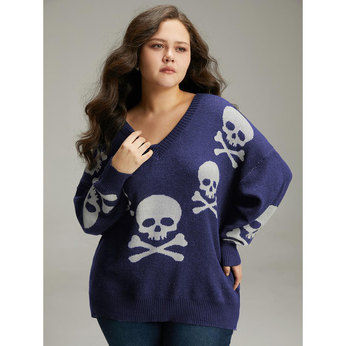 Plus Size Supersoft Essentials Halloween Skull Print V Neck Pullover Indigo Women Casual Long Sleeve V-neck Festival-Halloween Pullovers BloomChic 12/L Product Image