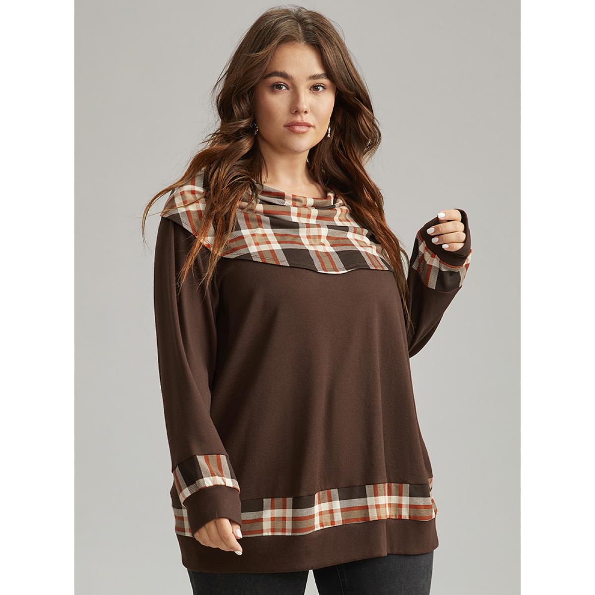 Plus Size Halloween Plaid Patchwork Cowl Neck T-shirt DarkBrown Women Casual Elastic cuffs Plaid Cowl Neck Festival-Halloween T-shirts BloomChic 18-20/2X Product Image