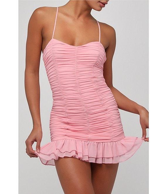 Lulus Mesh Sweetheart Neckline Ruched Mini Dress Product Image