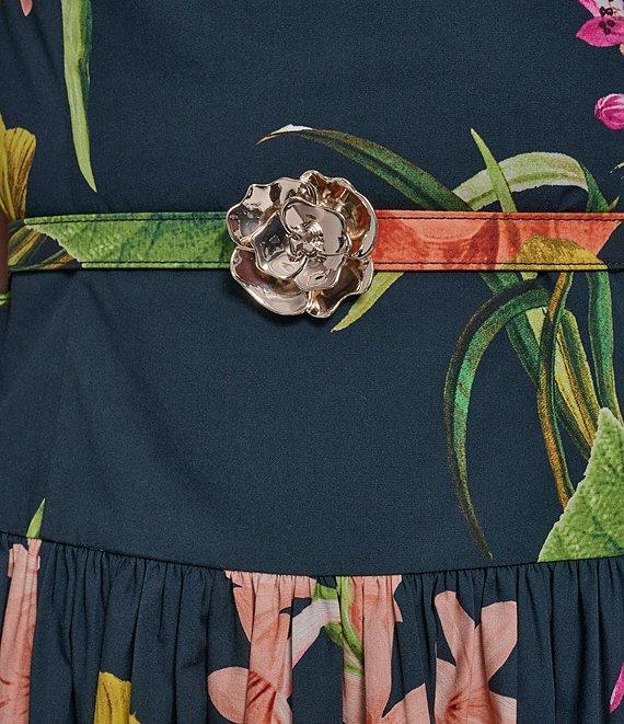 KARL LAGERFELD PARIS Poplin Floral Print Crew Neck Sleeveless Belted Drop Waist Midi Dress Product Image