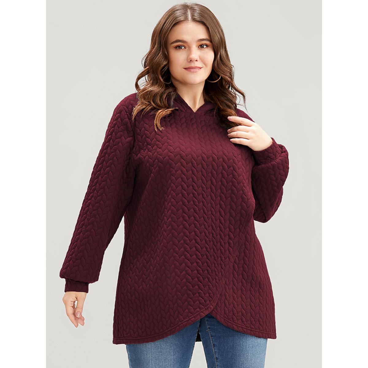 Plus Size Solid Asymmetrical Hem Cable Knit Hooded Sweatshirt Women Scarlet Lounge Asymmetrical Hooded Everyday Sweatshirts BloomChic 28/5X Product Image