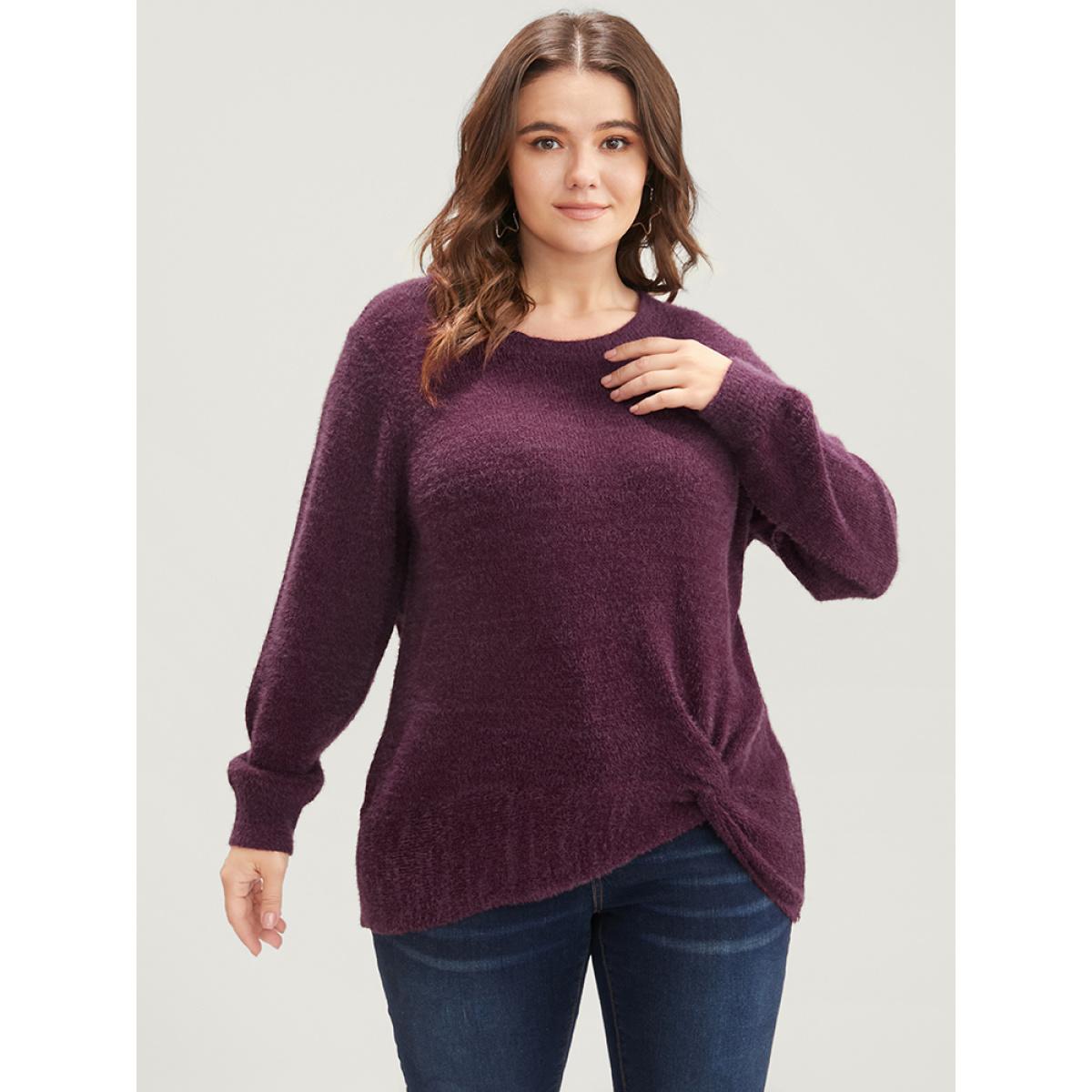 Plus Size Solid Soft Sexy Yarn Knit Twist Front Fluffy Knit Top Burgundy Women Elegant Loose Long Sleeve Round Neck Dailywear Pullovers BloomChic 22-24/3X Product Image