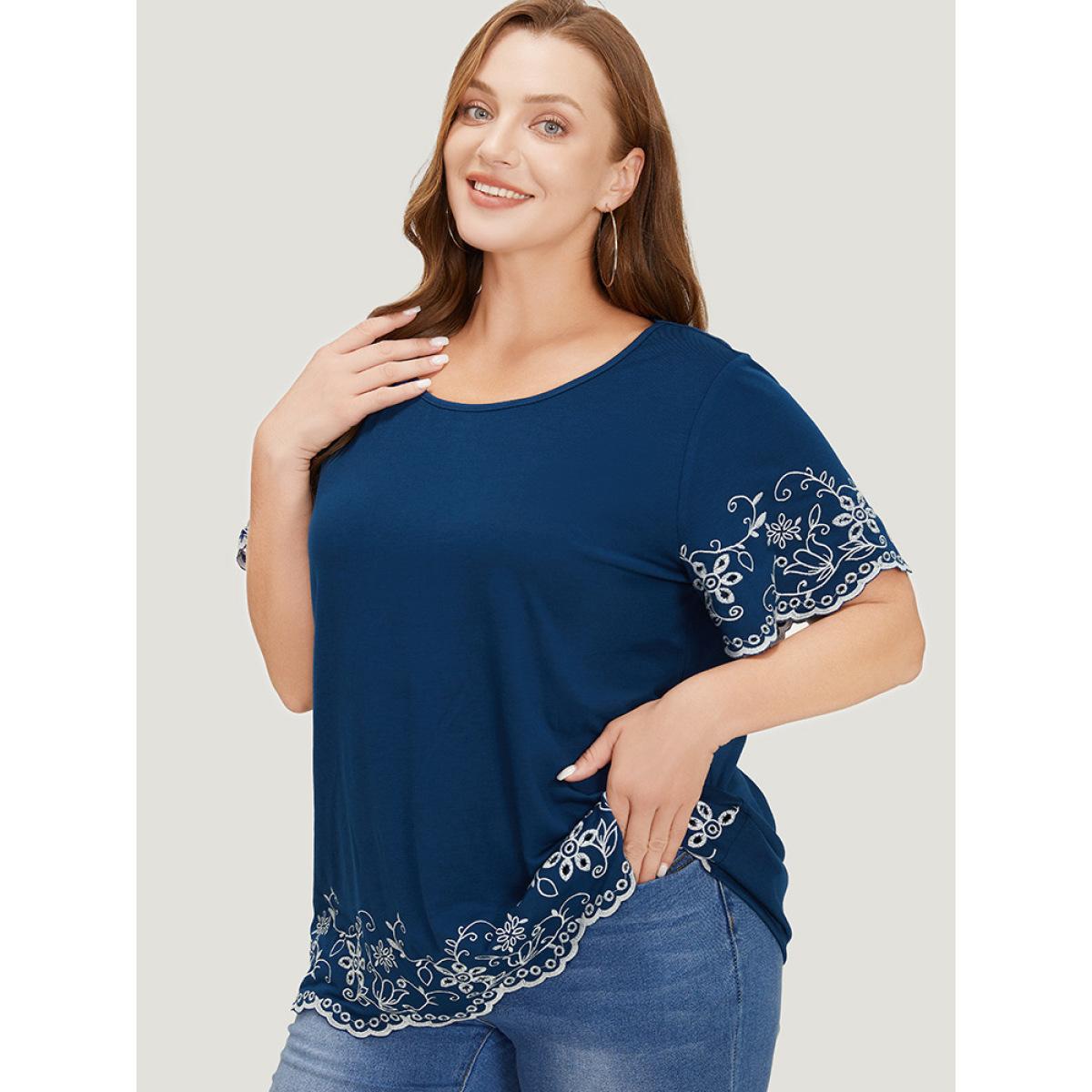 Plus Size Floral Broderie Anglaise Ruffle Sleeve T-shirt DarkBlue Women Elegant Broderie anglaise Floral Round Neck Dailywear T-shirts BloomChic 22-24/3X Product Image