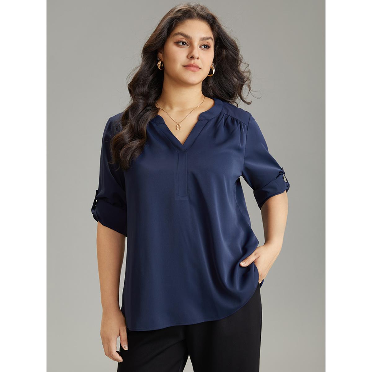 Plus Size Indigo Static-Free Solid Gathered Tab Sleeve Blouse Women Office Long Sleeve V-neck Office Blouses BloomChic 22-24/3X Product Image