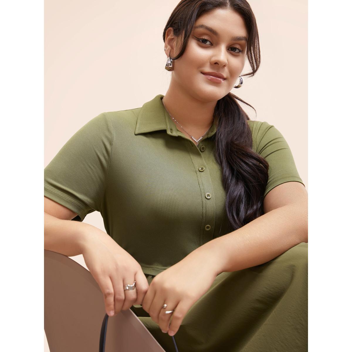 Plus Size Stretch Woven Waist-Cinching Midi Dress Olive Women Work From Home Patchwork Shirt collar Short sleeve Curvy BloomChic 18-20/2X Product Image