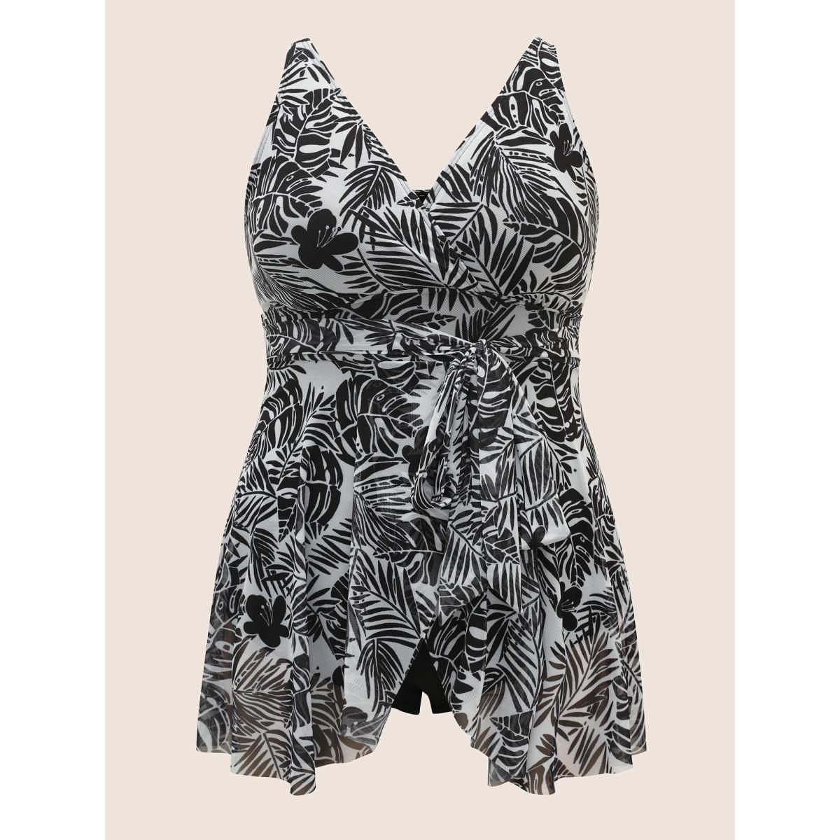 Plus Size Tropical Print Tie Knot Wrap Gathered Swim Dress Women's Swimwear Black Beach Bodycon V-neck High stretch Curve Swim Dresses BloomChic 14-16/1X Product Image