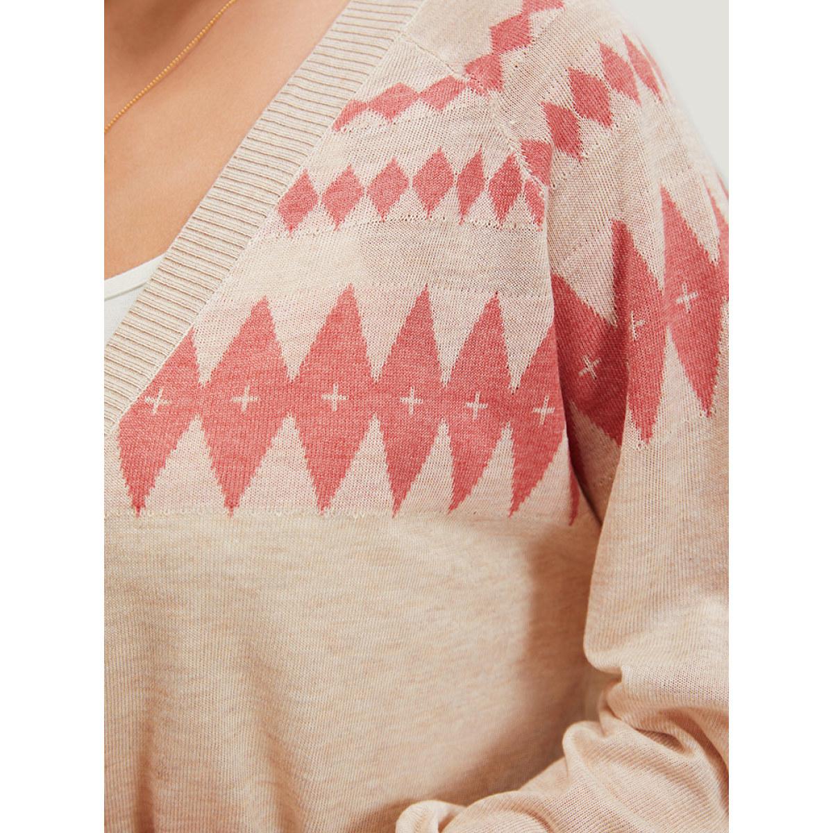 Plus Size Geometric Print Raglan Sleeve Open Front Cardigan Champagne Women Casual Loose Long Sleeve Everyday Cardigans BloomChic 10/M Product Image