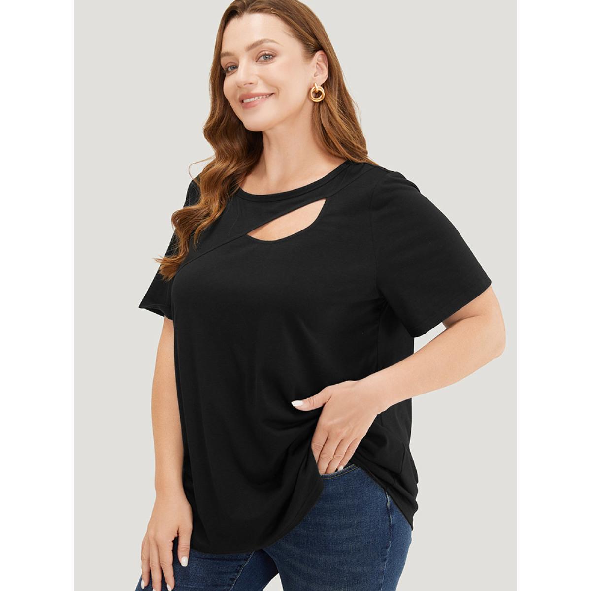 Plus Size Solid Cut Out Crew Neck T-shirt Black Women Elegant Cut-Out Plain Round Neck Dailywear T-shirts BloomChic 18-20/2X Product Image