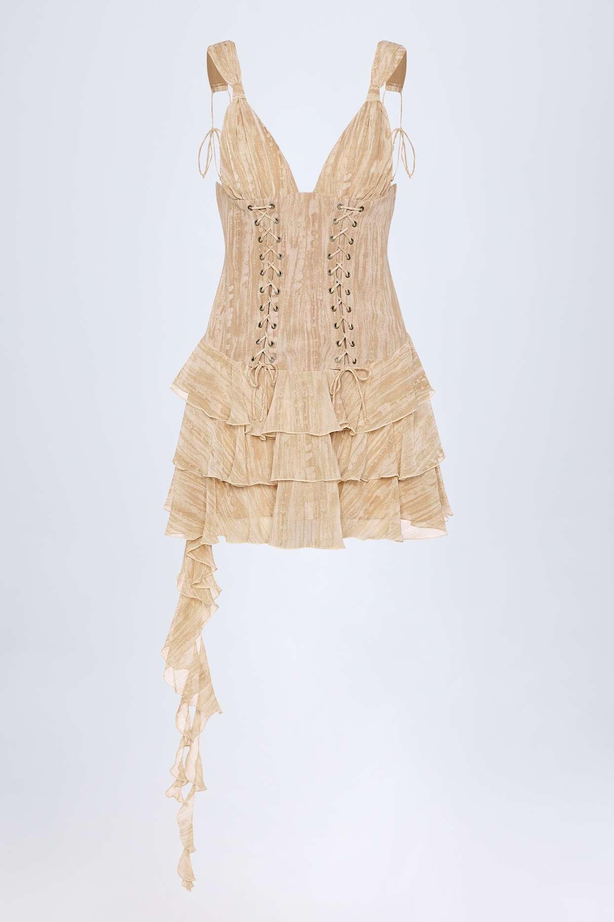 Lace-Up Ruffled Tiered Mini Dress in Tan Print Product Image