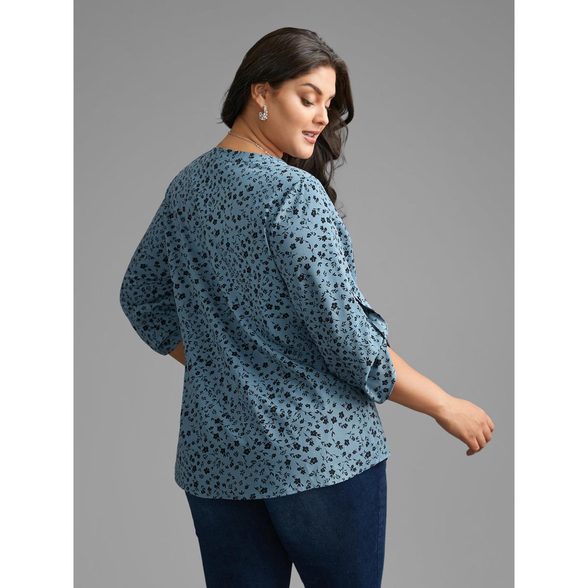 Plus Size Stone Ditsy Floral Button Cuff Sleeve Pleated Blouse Women Elegant Long Sleeve Flat collar with V-notch Everyday Blouses BloomChic 10/M Product Image