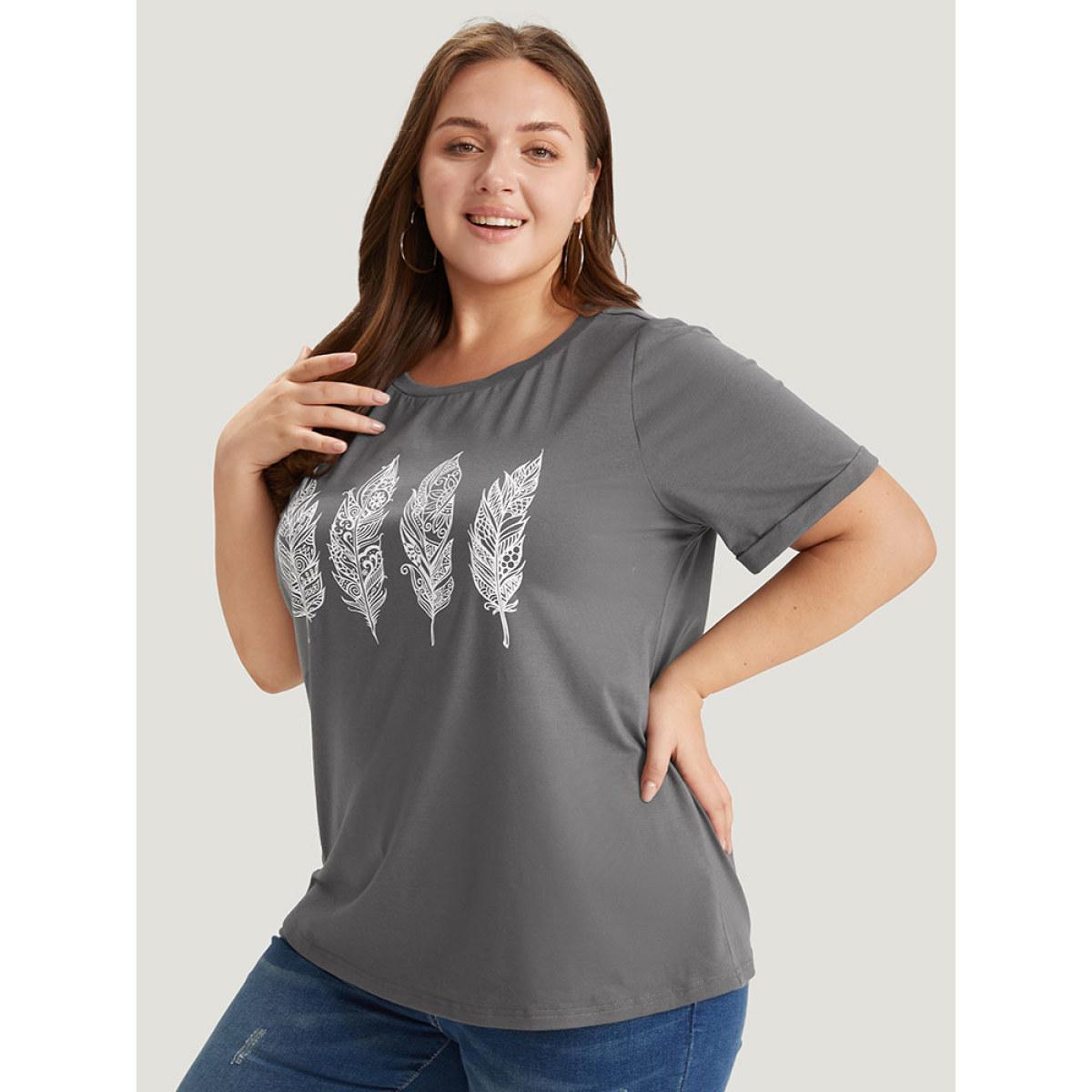 Plus Size Feather Print Roll Sleeve T-shirt DimGray Women Casual Printed Feather Dailywear T-shirts BloomChic 22-24/3X Product Image