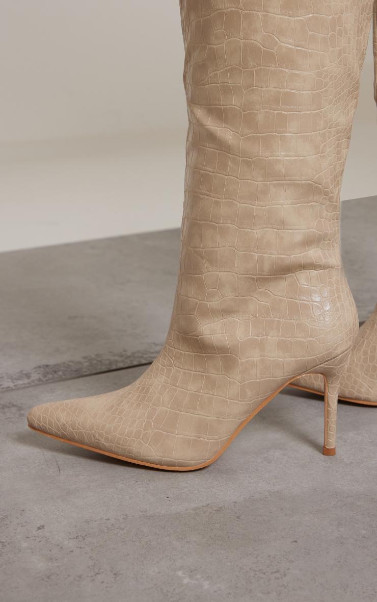 Cream PU Croc Detail Point Toe Stiletto Heeled Knee Boots Product Image