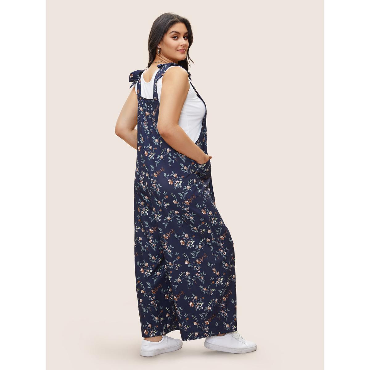 Plus Size Indigo Ditsy Floral Pleated Ties Spaghetti Strap Jumpsuit Women Casual Sleeveless Spaghetti Strap Everyday Loose Jumpsuits BloomChic 28/5X Product Image