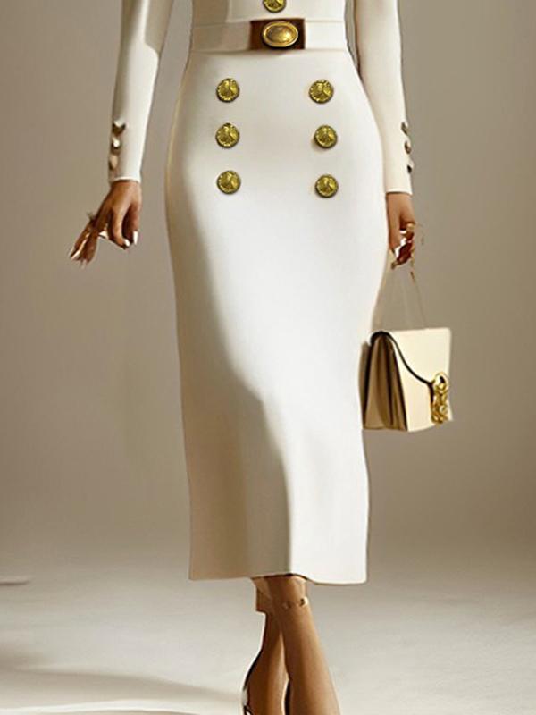 Long Sleeves Puff Sleeves Buttoned Solid Color Deep V-Neck Midi Dresses Product Image