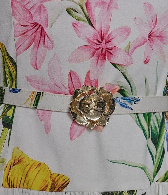 KARL LAGERFELD PARIS Poplin Floral Print Crew Neck Sleeveless Belted Drop Waist Midi Dress Product Image