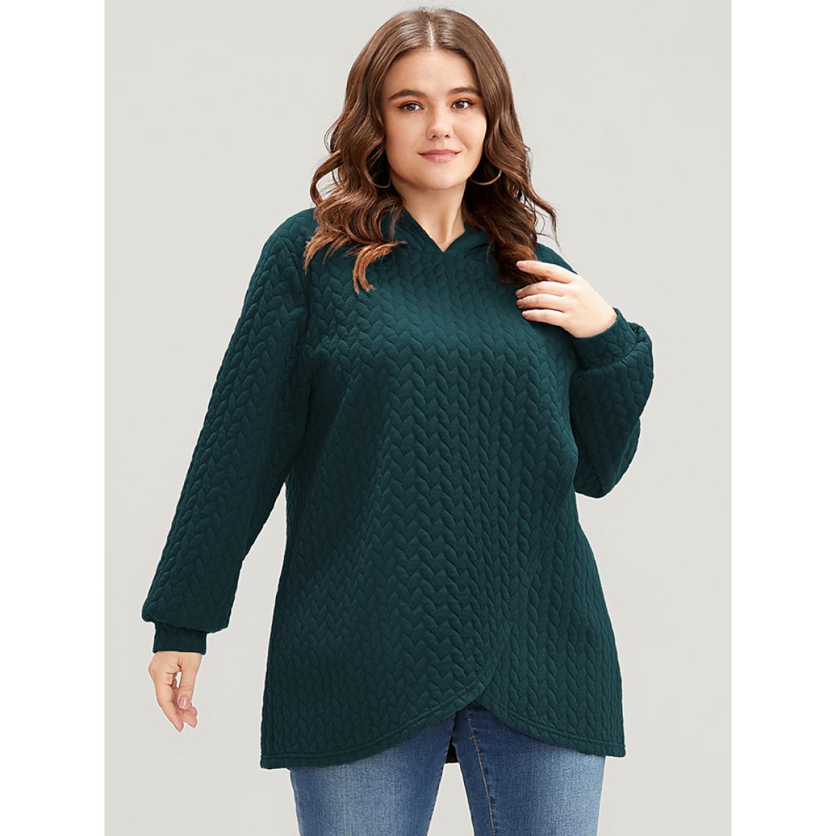 Plus Size Solid Asymmetrical Hem Cable Knit Hooded Sweatshirt Women DarkGreen Lounge Asymmetrical Hooded Everyday Sweatshirts BloomChic 22-24/3X Product Image
