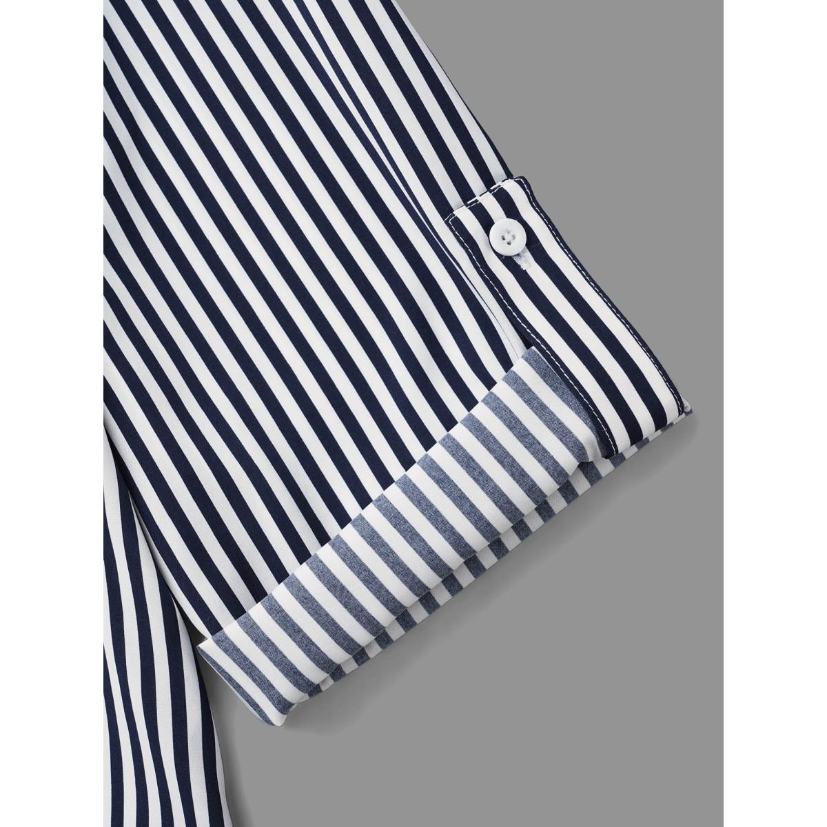 Plus Size Indigo Striped Button Cuff Sleeve Split Hem Blouse Women At the Office Elbow-length sleeve Shirt collar Work Blouses BloomChic 12/L Product Image