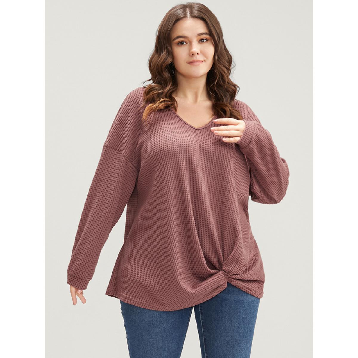 Plus Size Solid V Neck Twist Front Waffle Knit Sweatshirt Women DustyPink Elegant Asymmetrical V-neck Dailywear Sweatshirts BloomChic 14-16/1X Product Image