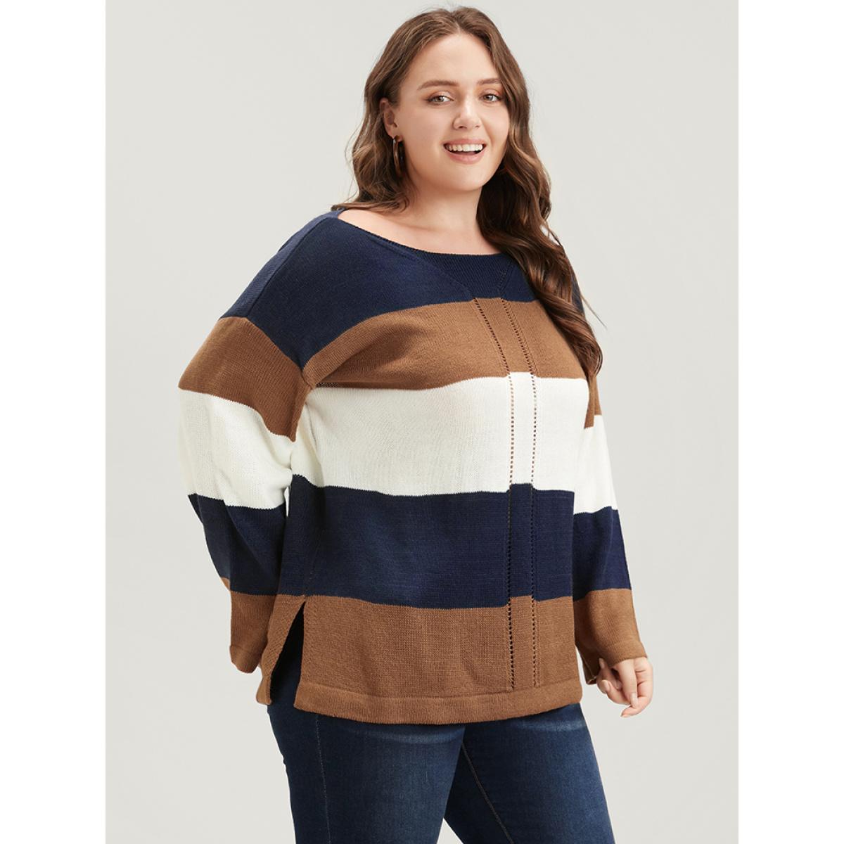 Plus Size Colorblock Contrast Pointelle Knit Eyelet Split Hem Knit Top Midnight Women Casual Loose Long Sleeve Round Neck Dailywear Pullovers BloomChic 18-20/2X Product Image