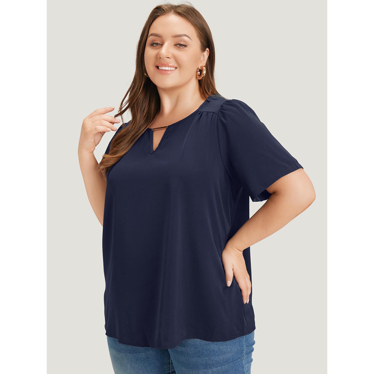 Plus Size Indigo Anti-Wrinkle Plain Metal Detail Keyhole Neck Blouse Women Office Short sleeve V-neck Office Blouses BloomChic 14-16/1X Product Image